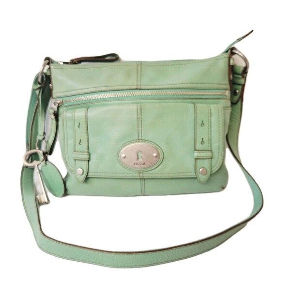 Vintage Fossil Mint Green Cowhide Leather Satchel Crossbody Bag Purse Wth Charms - Picture 1 of 11